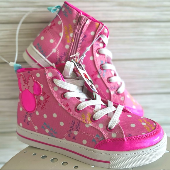 🆕 Disney Ltd Ed. Hot Pink Minnie Mouse Bow Icon Zip-Side High-Top Sneakers - Picture 2 of 14